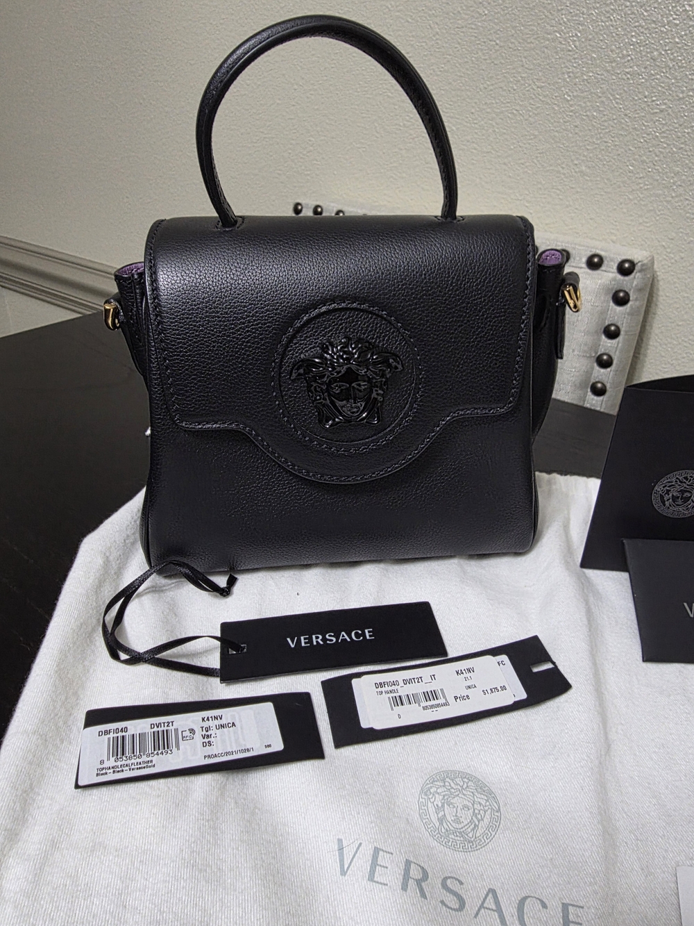 Authentic Versace Black Leather Top-Handle Shoulder Bag with Medusa Emblem